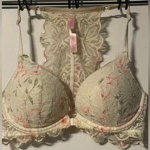 PINK Victoria's Secret Floral Lace Bralette - Cream and Green
